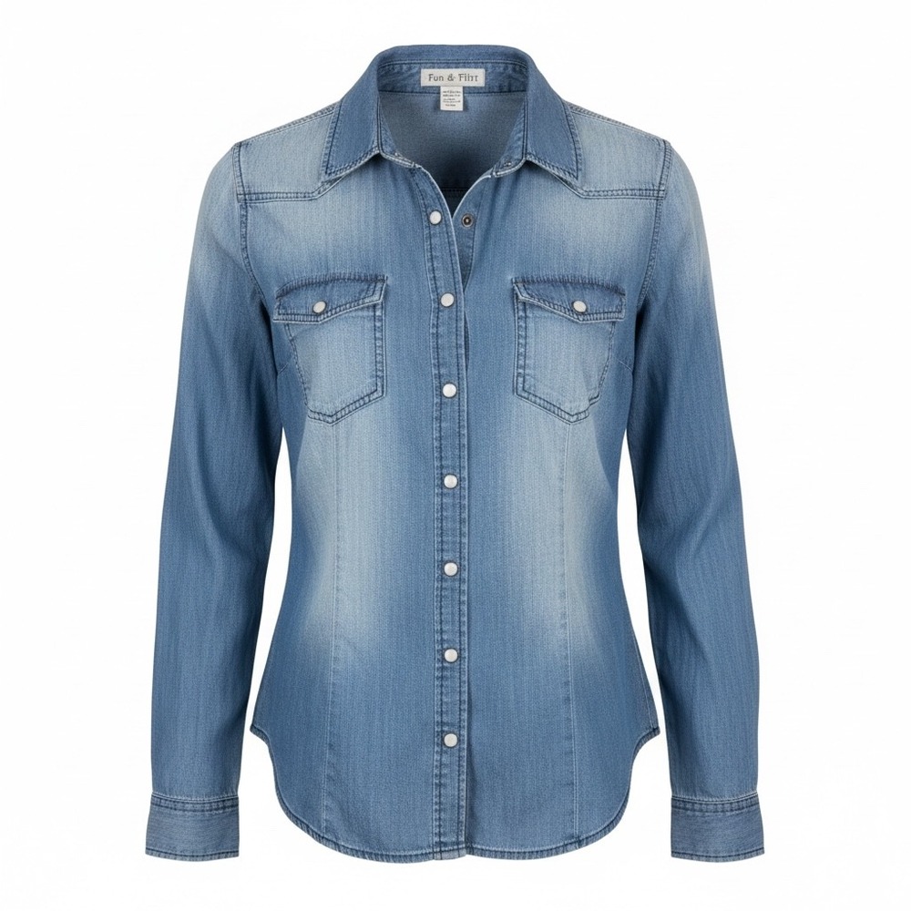 Western Denim Pearl Snap Shirt Blue Small  Long Sleeve Boho Rustic